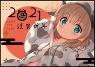 1_female 2021 animal_ears animal_print arms_raised_up bell blue_eyes blush brown_hair chinese_zodiac coat commentary_request cow_ears cow_horns cow_print ears eyes face facial_expression female hair happy_new_year hat high_resolution hood horns new_year original safe short_hair smile solo tsumiki_akeno upper_body white_coat white_headwear year_of_the_ox // 1684x1190 // 985.9KB