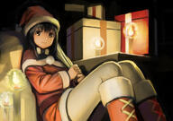 1_female 1girl bangs black_eyes black_hair boots candle candlelight christmas commentary_request eye_contact eyes face facial_expression feet_out_of_frame female footwear gift hair hat leaning leaning_back legwear looking_at_another looking_at_viewer original pantyhose point_of_view puffy_sleeves sack safe santa_boots santa_costume santa_hat sitting smile solo wasabi60 white_legwear // 1190x839 // 865.6KB