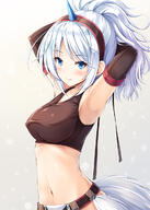 1_female akashio_(loli_ace) armpit_(armpits) armpits arms_behind_head arms_raised_up armwear bangs bent_elbows blue_eyes blush breast_ripple breasts brown_gloves capcom commentary_request crop_top elbow_gloves eye_contact eyes face facial_expression female female_focus female_only from_side girl gloves hair hair_tie hairband hanging_breasts high_resolution horn horn_(horns) horns in_profile kirin_(armor) large_breasts light_erotic long_hair looking_at_another looking_at_viewer mature mhwのキリン装備に着替え中 midriff monster__world monster_hunter monster_hunter_(series) navel point_of_view ponytail safe sankaku_channel sidelocks silver_hair simple_background single single_horn smile solo solo_female standing_position stomach tall_image tank_top tied_hair upper_body watatuki white_hair キリン装備 朱シオ // 858x1200 // 485.5KB