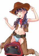 1girl aoi_kumiko background_text belt bikini black_hair blue_bikini brown_headwear brown_vest chaps commentary_request cowboy_hat hair_over_shoulder happy_new_year hat highres kerchief long_hair mechanical_bull new_year one_eye_closed original red_eyes red_neckwear riding riding_machine side-tie_bikini solo swimsuit vest white_background // 1400x1980 // 408.2KB
