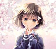 1_female 1girl bob_cut bow bowtie brown_eyes brown_hair cherry_blossom cherry_blossoms closed_mouth clothing collar collared_shirt eyes face facial_expression female flower hair_flower hair_ornament hands_up jacket kuga_tsukasa long_sleeves looking_at_viewer medium_hair medium_length_hair neck neckwear original own_hands_together purple_jacket red_bow red_neckwear safe shirt short_hair smile solo white_flower white_shirt wing_collar // 1127x1000 // 140.3KB