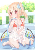 1_female 1girl 2d_art 3 bare_legs bare_shoulders barefoot bikini blonde_hair blue_bow bow closed_mouth clothing day ears eyes face facial_expression feet female flandre_scarlet flat_chest full-length_portrait full_body hair hair_bow hair_ornament high_resolution highres hose kunya21 legs light_smile lolibooru.moe long_hair looking_at_viewer navel one_side_up outdoors outside pixiv_84780394 pointy_ears red_bikini red_eyes safe sakurea sankaku_channel shirt shoulders sidelocks sitting smile solo stomach swimsuit swimwear touhou wet wet_clothes wet_shirt white_shirt wings 【東方紅楼夢】新刊_「きゅっとして！ぱーと3」_サンプル さくれあ さくれあ@紅楼夢j32 東方紅楼夢 // 1433x2024 // 1.7MB