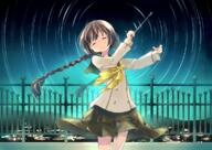1_female 1girl bangs baton_(instrument) blunt_bangs braid brown_hair city_lights closed_eyes closed_mouth clothing eyes_closed face facial_expression facing_viewer female formal green_skirt hair hands_up jacket kuga_tsukasa long_hair long_sleeves neckerchief night night_sky original outdoors outside railing safe sankaku_channel school_uniform schoolgirl_uniform serafuku skirt sky smile solo standing standing_position star_(sky) star_trail starry_sky stars tied_hair twin_braids uniform yellow_neckwear // 1169x826 // 1.6MB