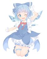 1_female 1girl ;d arm_up back_bow bangs bloomers blue_bow blue_dress blue_eyes blue_footwear blue_hair blue_ribbon blush bow bowtie breasts buttons cirno clothing collaboration collar collared_shirt commentary_request dress earrings eyebrows eyebrows_visible_through_hair eyes face facial_expression feet_apart female footwear frilled_gloves frilled_skirt frilled_sleeves frills full-length_portrait full_body garter gloves hair hair_bow hair_ornament hair_ribbon heels high_heels high_resolution highres ice ice_wings jewelry jpeg_artifacts knees_together knees_together_feet_apart leg_garter lolibooru.moe looking_at_viewer neck neckwear one_eye_closed open_mouth outstretched_arm paragasu_(parags112) puffy_short_sleeves puffy_sleeves red_bow red_neckwear red_ribbon ribbon safe sakurea salute sankaku shirt shoes short short_hair short_sleeves sidelocks simple_background skirt sleeveless sleeveless_dress sleeves small_breasts smile solo sparkle stud_earrings teeth thigh_gap touhou underwear white_background white_gloves white_shirt wings wink // 1500x1889 // 208.6KB