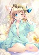 1_female 1girl animal animal_ear_fluff animal_ears blonde_hair blue_butterfly blue_eyes blue_pajamas blue_shirt blush breasts breeze bug butterfly cat_tail clothing collar collared_shirt commentary_request dress_shirt ears eyes female frilled_pillow frills hair_ornament hair_ribbon hand_up high_resolution insect kuga_tsukasa long_hair long_sleeves mask mask_on_head moe2021 nekomimi nightwear one_eye_closed open_clothes open_shirt original original_character pajamas parted_lips pillow ribbon safe shirt sitting sleep_mask sleepy sleeves_past_fingers sleeves_past_wrists small_breasts solo tail top_of_moe_2021 wariza wink yellow_ribbon おそよう 玖珂つかさ // 900x1273 // 1.3MB