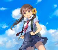 1_female 1girl backpack bag blue_skirt blue_sky breeze brown_eyes brown_hair clothing cloud cloudy_sky collar collared_shirt cowboy_shot d day eyes face facial_expression female floating_hair flower formal hair_flower hair_ornament kuga_tsukasa long_hair looking_at_viewer neck necktie neckwear open-mouth_smile open_mouth original original_character outdoors outside pleated_skirt red_neckwear safe shirt skirt sky smile solo standing standing_position summer sunflower sunflower_hair_ornament tied_hair twintails uniform white_shirt wing_collar ネクタイ+ブラウス制服 リュックサック 制服リュック 向日葵 玖珂つかさ 青空をしょって。 // 1169x1000 // 1.3MB