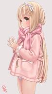 1_female 1girl aoi_kumiko bangs blonde_hair blush bow camel_toe cameltoe coat contentious_content female female_focus grey_background hair hair_bow hair_ornament high_resolution highres loli long_hair no_pants original own_hands_together panties pink_coat pink_neckwear pink_scarf questionable sankaku scarf simple_background solo tareme underwear white_bow 葵久美子@ちっぱい!(挨拶)🔞🎨🚸 // 957x1712 // 1.0MB