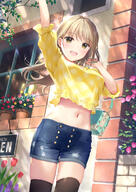 anime-pictures.net arm_around_neck arm_up arms_up bag bare_belly black_thighhighs blonde_hair blush branch brick_wall crop_top d denim denim_shorts face facial_expression female flower flower_(flowers) frills from_below girl hair handbag holding leaf_(leaves) long_hair looking_at_viewer mignon navel open_mouth original outdoors outside pattern plaid plant_(plants) potted_plant shiny shiny_skin short short_sleeves shorts single sleeves smile standing standing_position stomach sunlight tall_image thighhighs tulip wind window yellow_eyes // 860x1214 // 785.1KB
