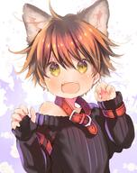 1_male 1boy ahoge animal_ears belt_collar black_sweater blush collar d ears eyes face facial_expression fangs green_eyes hair hands_up kuga_tsukasa long_sleeves looking_at_viewer male male_focus open-mouth_smile open_mouth original safe short_hair smile solo sweater topwear upper_body // 900x1134 // 129.2KB