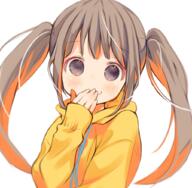 1_female 1girl blurry blurry_background blush brown_hair closed_mouth covering covering_mouth depth_of_field eyeshadow face facial_expression female grey_eyes hand_over_own_mouth hand_up hood hood_down hoodie kuga_tsukasa long_hair looking_at_viewer makeup multicolored_hair orange_hair original safe sankaku_channel simple_background smile solo tied_hair twintails two-tone_hair two_tone_hair upper_body white_background yellow_hoodie // 1023x1000 // 914.3KB