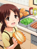 1_female 2d_art apron beidan blush bottle brand_name_imitation bread brotchen brown_eyes brown_hair d explicit eyes face facial_expression female food hair hair_ornament hair_tie hairclip hot_dog ketchup kitchen komeo lettuce long_hair mustard open_mouth original pixiv_29986092 ponytail safe sexually_suggestive smile solo tied_hair コッペパンくぱぁ // 750x1000 // 326.7KB