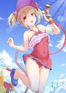 1_female ahoge arms_up bare_shoulders bent_knee_(knees) blonde_hair blue_footwear blue_sky bow breasts cloud cloud_(clouds) collarbone covered_navel d day dress_swimsuit eyebrows eyebrows_visible_through_hair eyes face facial_expression fate fategrand_order fatekaleid_liner_prisma_illya fate_(series) fate_grand_order fate_kaleid_liner_prisma_illya female flat_chest frills fringe girl hair hair_between_eyes hair_bobbles high_resolution holding holding_hose hose hose_nozzle illyasviel_von_einzbern illyasviel_von_einzbern_(swimsuit_archer)_(fate) inflatable_armbands jumping legs lens_flare light_erotic loli_face looking_at_viewer magical_ruby navel neck one-piece_swimsuit open_mouth outdoors outside payot prisma_illya questionable red_eyes red_swimsuit safe shiunnkaku shoe_dangle short_hair single sky small_breasts smile solo sparkle splashes splashing standing standing_on_one_leg standing_position stomach summer sunbeam sunlight swimsuit swimwear tall_image tied_hair twintails visor_cap water wristlet イリヤちゃん イリヤスフィール(水着) 紫雲 // 1669x2356 // 2.5MB