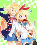 2_females 2d_art 2girls ;d alternate_costume arm_up black_legwear blonde_hair blue_eyes blush bow bowtie bread clothing cosplay costume_switch crossover dress_shirt explicit eyes face facial_expression female food food_in_mouth formal goribote gorilla_bot green_background hair hair_clip hair_ornament hair_ribbon hairclip hairpin happy haribote_(tarao) jewelry kin-iro_mosaic kinmoza kirisaki_chitoge kirisaki_chitoge_(cosplay) kujou_karen kujou_karen_(cosplay) legwear long_hair long_sleeves look-alike looking_at_viewer mouth_hold multiple_females multiple_girls necktie nisekoi one_eye_closed open_mouth pixiv pixiv_41027002 pleated_skirt point_of_view purple_eyes question_mark ribbon safe sailor_uniform sankaku_channel school_uniform schoolgirl_uniform seiyuu_connection serafuku shirt simple_background skirt sleeves_past_wrists smile star star_(symbol) tarao thigh-highs thighhighs toast toast_in_mouth touyama_nao uniform union_jack v v_over_eye very_long_hair voice_actor_connection wink x_hair_ornament コ゛りぼて 中の人つながり 九条千棘 制服交換 千棘とカレン 声優ネタ 東山奈央 混合3000users入り 混合5000users入り // 780x945 // 708.1KB