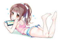 1_female 1girl amimi ass barefoot blue_shorts brown_eyes brown_hair commentary_request contentious_content elementary_school_student eyes feet feet_up female from_behind game legs loli long_hair looking_at_viewer looking_back lying mosamosakun nintendo_switch on_stomach original pink_tank_top playing_games ponytail questionable ribbon safe sankaku_channel short_shorts shorts simple_background solo tank_top thighs tied_hair toes white_background あみみ お兄ちゃん！冷蔵庫のアイス勝手に食べちゃダメだからね！ なにこの子かわいい オリジナル 妹 // 1425x994 // 623.9KB