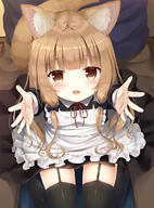 2d_art animal_ear_fluff animal_ears animal_tail apron arms_raised_up arms_up black_dress black_legwear black_thighhighs blonde_hair blunt_bangs blush brown_eyes brown_hair clothing cute dog_ears dog_tail dress ears eyes face facial_expression fringe from_above garter_dtraps garter_straps girl hair_ribbon i_want_you_to_hug_me!"_[original] indoors lingerie long_hair long_sleeves looking_at_viewer looking_up maid open_mouth original outstretched_arms outstretched_hand pillow pixiv_85645012 psyche3313 questionable ribbon_(ribbons) safe sankaku_channel single sitting smile tail tall_image thighhighs thighs tlombard2000 tress_ribbon viewed_from_above wariza white_apron zettai_ryouiki" zettairyouiki ぎゅーっとしてほしい // 870x1176 // 574.5KB