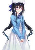 1_female bangs black_hair blue_cardigan blue_eyes blue_neckwear blue_ribbon blush breasts cardigan closed_mouth clothing commentary_request dress eyes female hair hair_ribbon hat headwear high_resolution long_hair long_sleeves looking_at_viewer low_twintails medium_breasts n15e neck_ribbon own_hands_together ribbon safe school_uniform shirt simple_background skirt sleeves_past_wrists solo twintails uniform v_arms very_long_hair white_background white_headwear white_skirt yahari_ore_no_seishun_lovecome_wa_machigatteiru. yukinoshita_yukino // 1145x1603 // 1.5MB