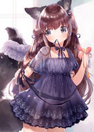 1_female 1girl 2 animal_ear_fluff animal_ears animal_tail bangs black_bow black_ribbon bow breasts brown_hair c97新刊 canaria-n canine closed_mouth commentary_request dress ears explicit eyebrows eyebrows_visible_through_hair female fox fox_ears fox_girl fox_tail grey_eyes hair hands_up high_resolution highres long_hair mammal mouth_hold mutou_mato original pixiv_1429353 pixiv_78547214 purple_dress ribbon ribbon_in_mouth safe short short_sleeves sleeves small_breasts solo standing standing_position tail tail_raised very_long_hair 武藤まと単行本発売中！ // 848x1200 // 647.1KB