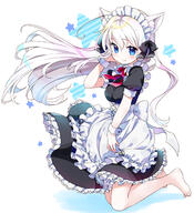 1girl amimi animal_ear_fluff animal_ears apron bangs barefoot black_bow black_dress blue_eyes blush bow breasts cat_ears closed_mouth clothing colored_shadow commentary_request commission diagonal_stripes dress eyebrows_visible_through_hair feet female female_only floating_hair frilled_apron frills full_body hair_between_eyes hair_bow hair_ornament hand_up headdress headwear high_resolution highres kneeling long_hair maid maid_headdress nekomimi original puffy_short_sleeves puffy_sleeves shadow short_sleeves skeb_commission small_breasts smile solo starry_background striped striped_background very_long_hair white_apron white_hair wrist_cuffs // 1228x1350 // 978.3KB