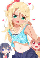 2d_art 3_females bangs bare_arms bare_shoulders belly black_hair blonde_hair blue_eyes blurry blurry_background bow brown_hair clothes_writing collarbone commentary_request d e8aiabix eyes face facial_expression female food green_eyes hair hair_bow hair_ornament heart high_resolution himesaka_noa hoshino_hinata loli long_hair looking_at_viewer makuran midriff multiple_females navel neck one-piece_tan open_mouth open_smile pixiv_899657 pixiv_91847118 ponytail popsicle red_bow red_eyes safe sankaku shirosaki_hana short_ponytail shoulders simple_background skyme smile stomach suntan tan tan_lines tanned text_on_clothes tied_hair watashi_ni_tenshi_ga_maiorita! white_background 日焼けノアちゃん 白咲花 ｍ－くん // 1104x1600 // 1.0MB