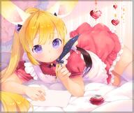 1_female animal_ears apron bed blonde_hair blue_eyes blush bottle bunny_ears dress ears explicit eyebrows eyebrows_visible_through_hair eyes feather_(feathers) female frills fringe girl hair heart ink ink_bottle legwear long_hair looking_at_viewer lying mutou_mato o on_side open_mouth original paper parted_lips ponytail puffy_sleeves purple_eyes quill safe single solo tail thigh-highs thighhighs tied_hair very_long_hair white_legwear white_thighhighs // 800x675 // 89.9KB