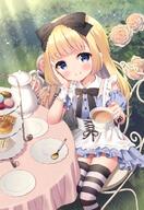 1_female alice_(wonderland) alice_in_wonderland apron bangs black_bow blonde_hair blue_dress blue_eyes blue_sleeves blush bow chair chitosezaka_suzu closed_mouth commentary_request cup day detached_sleeves dress eyebrows eyebrows_visible_through_hair eyes face facial_expression female flower food frilled_apron frills hair hair_bow holding holding_cup long_hair macaron on_chair outdoors outside puffy_short_sleeves puffy_sleeves rose rose_bush safe sandwich saucer short short_sleeves sitting sleeves smile solo spoon strapless strapless_dress striped striped_legwear table tablecloth teacup teapot thighhighs tiered_tray very_long_hair waffle white_apron wrist_cuffs // 549x800 // 101.8KB