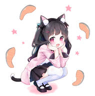 1girl amimi animal_ears arm_support black_hair cat_ears cat_girl cat_tail commission d elbows_on_knees fang female full_body hands_on_own_cheeks hands_on_own_face high_resolution highres jacket long_hair long_sleeves looking_at_viewer mary_janes nekomimi open-mouth_smile open_mouth original pink_eyes shirt shoes skeb_commission skin_fang skirt smile squatting tail thighhighs thighs white_legwear zettai_ryouiki // 1237x1247 // 608.8KB