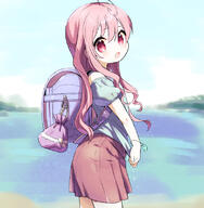 1_female 1girl ahoge amimi backpack bag blue_shirt clothing female from_side in_profile long_hair looking_at_viewer open_mouth original outdoors outside pink_eyes pink_hair pink_skirt randosel randoseru safe shirt short short_sleeves skirt sleeves solo water wet wet_clothes wringing_clothes // 781x799 // 559.8KB