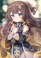 1_female 1girl absurdres anya_melfissa blurry blurry_background blush brown_hair dress face facial_expression female hair_ornament hands_on_own_chest highres hololive hololive_indonesia ikazu401 lolibooru.moe long_hair looking_at_viewer multicolored_hair purple_eyes safe sleeveless smile solo virtual_youtuber // 2893x4092 // 857.5KB