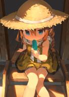 1_female arm_support bangs bare_legs bare_shoulders blue_eyes bodily_fluids braid brown_hair brown_headwear cloneko_(zelmeledf2) covered_mouth day dress eating eyes female flat_chest food hair hand_up hat hat_ribbon headwear high_resolution holding holding_food holding_popsicle ice_pop knees_together_feet_apart legs lolibooru.moe long_hair looking_at_viewer on_stairs original outdoors outside ribbon safe shadow shiny shiny_skin short_dress shoulders sidelocks single_braid sitting sleeveless sleeveless_dress solo stairs straw_hat sun_hat sunlight sweat tied_hair wooden_floor yellow_dress // 1072x1500 // 1.1MB