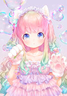1_female animal_ears bangs blue_bow blue_eyes blue_hair blunt_bangs blush bow bubble bubble_(bubbles) canaria-n cat_ears collarbone commentary_request cute dress ears eyebrows eyebrows_visible_through_hair eyes female fringe girl gloves gradient_hair green_hair hair hair_bow hands_up high_resolution holding lolita_hairband long_hair looking_at_viewer multicolored_hair mutou_mato neck o open_mouth original parted_lips paw_gloves paws payot pink_dress pink_hair pixiv_1429353 pixiv_75697383 point_of_view purple_background purple_dress safe safebooru short short_sleeves simple_background single sleeves solo standing tall_image upper_body very_long_hair white_gloves しゃぼんだまちゃん 武藤まと単行本発売中！ // 1300x1857 // 1.7MB