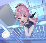 1_female 1girl ahoge amimi ball barefoot black_wings blue_swimsuit bow clothing face facial_expression feathered_wings feathers feet female from_above hair_bow hair_ornament long_hair looking_at_viewer looking_up one-piece_swimsuit open_mouth original partially_submerged pink_eyes pink_hair ponytail ribbon safe school_swimsuit sitting smile soaking_feet solo sukumizu swimsuit swimwear tank_suit thigh_gap thighs tied_hair toes very_long_hair viewed_from_above water wings // 885x823 // 653.6KB
