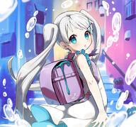 1_female 1girl amimi backpack bag blue_eyes dress eyebrows eyes female from_behind hair_ornament hairclip high_resolution highres long_hair looking_back open_mouth original randosel randoseru safe sleeveless sleeveless_dress slime_(substance) solo sundress tied_hair twintails very_long_hair white_dress white_hair wind wind_lift // 1769x1646 // 3.2MB