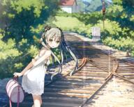 bag blush bow building building_(buildings) cloud_(clouds) cropped dress eyes flat_chest fringe girl green_eyes grey_hair hair_bow hair_ribbon hands_behind_back highres kantoku landscape leaning leaning_forward leaves long_hair looking_at_viewer open_mouth original plant_(plants) railways ribbon_(ribbons) scan scenic short_dress single sky standing summer_dress sundress tied_hair traffic_lights train tree tree_(trees) turning_head twintails vehicle wallpaper white_dress wind // 2841x2273 // 9.1MB