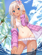 1_female 1girl absurd_resolution absurdres anthropomorphism ass ass_visible_through_thighs bare_shoulders beach belly bikini bikini_skirt blonde_hair blue_eyes blue_sky blurry blush breasts cloud collarbone cowboy_shot d dark_skin day eyes face facial_expression female groin hair hair_ornament hair_ribbon hand_on_own_thigh hand_on_thigh hand_up high_resolution highres jacket kantai_collection landform large_filesize lo500 lolibooru.moe long_hair long_sleeves looking_at_viewer navel neck ocean off_shoulder one-piece_tan open_clothes open_jacket open_mouth open_smile outdoors outside palm_tree partially_submerged partially_underwater_shot pixiv_30634099 pixiv_75157001 pixiv_id_30634099 point_of_view purple_jacket questionable ribbon ro-500_(kantai_collection) safe sankaku_channel shipgirl_in_swimsuit shoulders silver_hair sky small_breasts smile solo standing standing_position stomach striped striped_ribbon swimsuit swimwear tan tan_lines tanline tanned thighs tree u-511_(kantai_collection) user_atmz7727 very_high_resolution wading water wet white_bikini white_ribbon white_swimsuit xue_lu ろーちゃん 即夜戦 呂500 白スクろーちゃん 雪璐 雪璐_sheru_シェルル 雪璐璐_シェルル_sheru // 3768x4960 // 8.6MB