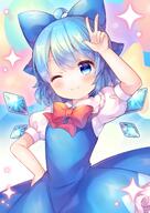 1_female ;) ahoge arm_up bangs blue_bow blue_dress blue_eyes blue_hair blue_wings blush bow cirno closed_mouth clothing collar collared_shirt comiket_99 commentary_request detached_wings dress eyebrows eyebrows_visible_through_hair eyes face facial_expression female frilled_dress frilled_shirt_collar frills hair hair_bow high_resolution ice ice_wings lolibooru.moe looking_at_viewer mini_wings one_eye_closed pjrmhm_coa puffy_short_sleeves puffy_sleeves red_bow safe shirt short short_sleeves sleeveless sleeveless_dress sleeves smile solo sparkle touhou w white_shirt wings wink // 1000x1412 // 1.1MB
