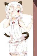 1_female 1girl animal_ears animal_tail bloomers blush cat_ears cat_tail chestnut_mouth ears explicit eyes female flat_chest hair hair_ornament hairclip hand_on_own_cheek hand_on_own_face high_resolution highres looking_at_viewer muku_(muku-coffee) nekomimi nightwear one_eye_closed open_mouth original pajamas point_of_view red_eyes ribbon rubbing_eyes safe sankaku_channel shiro_(muku) short_hair sleepwear sleeveless solo standing standing_position tail underwear white_hair // 880x1334 // 109.4KB