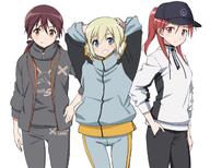 3girls alternate_costume alternate_hairstyle arms_behind_head arms_up baseball_cap blonde_hair blue_eyes blush bow brown_eyes brown_hair contemporary cowboy_shot erica_hartmann gertrud_barkhorn grin hair_bow hair_through_headwear hand_in_pocket hand_on_hip hat highres jacket kaneko_(novram58) long_hair looking_at_viewer minna-dietlinde_wilcke multiple_girls ponytail red_eyes redhead short_hair simple_background smile sportswear strike_witches twintails white_background world_witches_series // 1600x1280 // 210.8KB