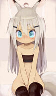 1_female 1girl ahoge animal_ears animal_tail bandeau black_legwear blush bottomless bra clothing ears explicit female female_focus female_only fox_ears fox_tail grey_hair hair_ornament hairclip kitsunemimi legwear long_hair looking_at_viewer navel original paprika_shikiso point_of_view questionable sitting solo solo_female stomach strapless tail thigh-highs thighhighs tube_top tubetop // 540x918 // 211.4KB