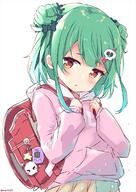 1_female alternate_costume backpack bag bag_charm bangs black_bow blush bow brown_skirt charm_(object) closed_mouth commentary_request double_bun eyebrows eyebrows_visible_through_hair eyes female green_hair hair hair_bow hair_ornament hairclip hands_up hololive hood hood_down hoodie loli long_sleeves looking_at_viewer niwasane_(saneatsu03) pink_hoodie pleated_skirt pout puffy_long_sleeves puffy_sleeves randoseru red_eyes safe simple_background skirt skull_hair_ornament sleeves_past_wrists solo t uruha_rushia virtual_youtuber white_background // 848x1200 // 728.1KB