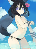 1_female 1girl < air_bubble animal_ear_fluff animal_ears animal_tail bangs bikini black_bikini black_hair black_swimsuit blue_sky blush breasts bubble cleavage closed_mouth cloud commentary_request day ears eyebrows eyebrows_visible_through_hair eyes female flower fox_ears fox_girl fox_tail hair hair_between_eyes hair_flower hair_ornament hibiscus kitsunemimi looking_at_viewer medium_breasts navel original outdoors outside paprika_shikiso partially_submerged point_of_view purple_eyes raised_tail safe side-tie_bikini sky solo stomach swimsuit swimwear tail tail_raised wading water wristband // 600x800 // 223.0KB