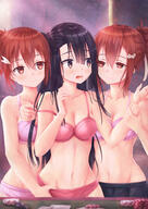 3_females 3girls absurd_resolution absurdres ahoge arm_grab asymmetrical_hair black_hair black_skirt blurry blush bra breasts brown_eyes closed_mouth collarbone commentary_request depth_of_field english english_text explicit eyebrows eyebrows_visible_through_hair eyes face facial_expression female frilled_panties frilled_underwear frills girl_sandwich grabbing groin hair hair_ornament hair_ribbon hair_tie head_tilt high_resolution highres itaro koori_chikage lace lace-trimmed_bra lace_trim lens_flare lesbian long_hair looking_at_another medium_breasts multiple_females multiple_girls navel neck nogi_wakaba_wa_yuusha_de_aru off_shoulder open_mouth panties panty_pull photoshop_(medium) pink_bra pink_panties pleated_skirt poker_chip ponytail purple_bra purple_panties questionable red_eyes red_hair ribbon safe sandwiched sankaku_channel side_ponytail skirt smile stomach takashima_yuuna text tied_hair underwear undressing very_high_resolution yuri yuuki_yuuna yuuki_yuuna_wa_yuusha_de_aru yuusha_de_aru // 2419x3420 // 3.2MB