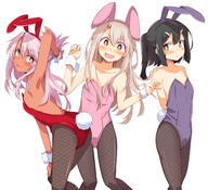 3_females 3girls animal_ears animal_tail bare_shoulders black_hair blonde_hair blush breasts brown_skin bunny_ears bunny_suit bunny_tail chata_maru_(irori_sabou) chloe_von_einzbern collarbone commentary commentary_request danbooru dark-skinned_female dark_skin ears eyebrows eyebrows_visible_through_hair eyes fake_animal_ears fake_tail fate fategrand_order fatekaleid_liner_prisma_illya fate_(series) fate_grand_order female fishnet_legwear fishnets hair hair_between_eyes hair_ornament hairclip high_resolution highres illyasviel_von_einzbern legwear leotard loli lolibooru.moe long_hair looking_at_viewer miyu_edelfelt multiple_females multiple_girls neck official_alternate_costume open_mouth pantyhose playboy_bunny point_of_view rabbit_ears rabbit_tail red_eyes safe sankaku_channel shoulders silver_hair simple_background small_breasts tail white_background // 1500x1365 // 221.4KB