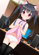1_female 2d_art angle animal_ear_fluff animal_ears bangs bare_shoulders black_hair black_legwear blurry blurry_background blush bow bow_panties cat_ears clothes_lift collared_dress commentary_request depth_of_field desk dress dress_lift dutch_angle ears explicit eyebrows eyebrows_visible_through_hair eyes feet_out_of_frame female floral_print gaou gaou_(babel) hair hair_ribbon indoors keyboard_(computer) kneesocks lifted_by_self long_hair looking_at_viewer monitor mouse_(computer) navel original panties parted_lips perspective pink_dress pixiv_190237 pixiv_94557282 print_panties red_eyes red_ribbon ribbon safe shoulders sleeveless sleeveless_dress standing_position stomach thighhighs twintails underwear very_long_hair white_panties white_underwear お子様パンツ オフラインでエッチなレベル上げ // 701x1000 // 361.8KB