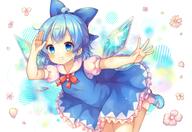 1_female 1girl ahoge aqua_eyes aqua_hair arm_up bangs blue_bow blue_dress blue_eyes blue_footwear blue_hair blush bow cirno commentary_request detached_wings dress eyebrows eyebrows_visible_through_hair eyes fairy female flower flowers footwear frilled_dress frills hair hair_bow hair_ornament high_resolution ice ice_wings konachan legwear loli lolibooru.moe mary_janes mouth_hold mythical_character neck neck_ribbon neckwear one_arm_up outstretched_arm petals pinafore_dress pink_flower pjrmhm_coa puffy_short_sleeves puffy_sleeves red_neckwear red_ribbon ribbon safe salute shoes short short_hair short_sleeves sleeves socks solo spread_fingers touhou touhou_project white white_legwear wings // 2122x1460 // 2.2MB