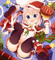 animal_ears animal_tail bell bell_collar bent_knee_(knees) black_thighhighs blue_eyes blush cat_ears cat_girl cat_tail christmas christmas_present crown fringe from_above fur fur_trim gift girl hair_between_eyes hat jingle_bell legs_up light_erotic looking_at_viewer lying mantle muku_(muku-coffee) open_mouth original panties pink_hair pom_pom_(clothes) santa_claus_hat short_hair short_twintails single tail tall_image thighhighs twintails underwear // 1098x1200 // 1.1MB