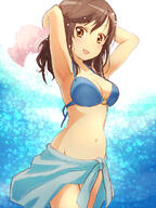 1_female 1girl armpits arms_behind_head arms_raised_up arms_up bangs bare_arms bare_shoulders bikini blue_bikini blue_sarong blue_swimsuit blush breasts brown_eyes brown_hair cleavage collarbone commentary d explicit eyebrows eyebrows_visible_through_hair eyes face facial_expression female gelbooru hair hair_between_eyes high_resolution highres ichijou_hotaru long_hair looking_at_viewer medium_breasts medium_length_hair navel neck non_non_biyori nyama o-ring o-ring_top open_mouth pinei2007 point_of_view safe sarong shoulders smile solo stomach swimsuit swimwear towel ぬゆぬゆ // 960x1280 // 273.7KB