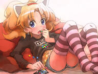 1_female 43_aspect_ratio animal_ears artist artist_request blonde_hair blue_eyes blush candy cat_ears clothing denim earrings ears eating eyes fang fangs feet feet_out_of_frame female food full-length_portrait hair jewelpet_(series) jewelpet_tinkle jewelpet_twinkle jewelry legwear loli lying m&m's miria_marigold_mackenzie no_shoes non-web_source nyama on_back open_mouth product_placement safe shirt short_shorts shorts solo striped striped_legwear t-shirt thigh-highs thighhighs young // 1575x1181 // 371.3KB