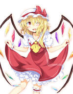 1_female 1girl 5 ;d ascot asymmetrical_hair asymmetrical_wings blonde_hair chata_maru_(irori_sabou) clothing commentary_request curtsey dress explicit eyes face facial_expression female flandre_scarlet garter hair hair_between_eyes hat headwear leg_garter looking_at_viewer mob_cap one_eye_closed open_mouth pixiv_48122014 point_of_view puffy_short_sleeves puffy_sleeves red_dress red_eyes safe sankaku_channel shirt short short_hair short_sleeves simple_background skirt_hold sleeves smile solo touhou white_background white_shirt wings wink wrist_cuffs 今年もよろしくお願いします（遅い // 761x981 // 110.4KB