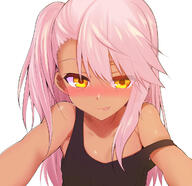 1_female armpits asymmetrical_bangs asymmetrical_hair bangs blush breasts brown_skin chloe_von_einzbern collarbone commentary dark-skinned_female dark_skin eyebrows eyebrows_visible_through_hair eyes_visible_through_hair face facial_expression fate fatekaleid_liner_prisma_illya fate_(series) fate_kaleid_liner_prisma_illya female female_focus flat_chest fringe girl hair hair_between_eyes kuro_(fate_kaleid_liner) licking licking_lips lips loli lolibooru.moe long_hair looking_at_viewer naughty_face neck nose_blush off_shoulder one_side_up outstretched_arms p payot pink_hair ponytail portrait questionable safe sankaku sankaku_channel sen_(astronomy) shiny shiny_skin side_ponytail simple_background single small_breasts smile solo strap_slip tank_top tied_hair tongue tongue_out tsurime upper_body white_background yellow_eyes // 1200x1163 // 254.9KB