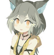1_female 1girl 3 animal_ears bangs bare_shoulders black_collar blush blush_stickers breasts brown_eyes cleavage collar commentary_request ears erune eyebrows eyebrows_visible_through_hair eyes fang fangs female flower granblue_fantasy grey_hair hair hair_between_eyes hair_flower hair_ornament looking_at_viewer original paprika_shikiso parted_lips safe sen_(granblue_fantasy) shoulders simple_background sleeveless small_breasts solo upper_body v-shaped_eyebrows white_background white_flower // 870x900 // 156.5KB